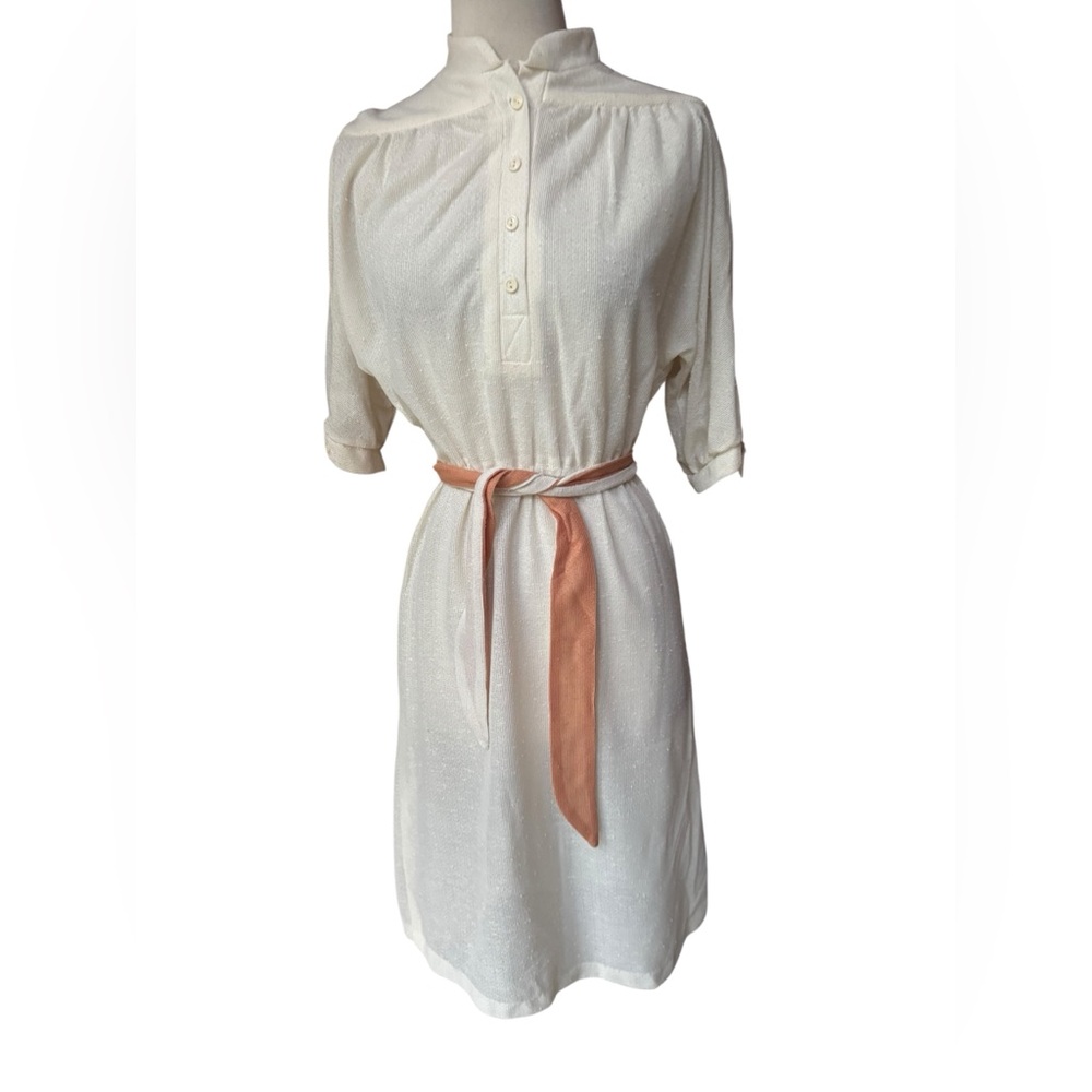 Deadstock 1970s Off White, Semi-Sheer, Lightweight, Poly Knit Shirt Dress w/Cont